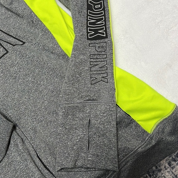 PINK Victoria Secret S Ultimate Hoodie Gray Neon Thumb Hole Pocket - Picture 3 of 4